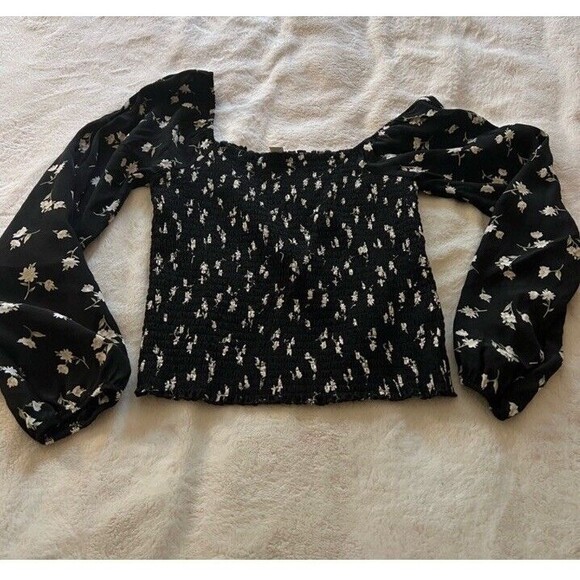American Eagle Peasant Blouse Elastic Body Blk/Floral Print, Long Sleeve, Sz M - Picture 5 of 10